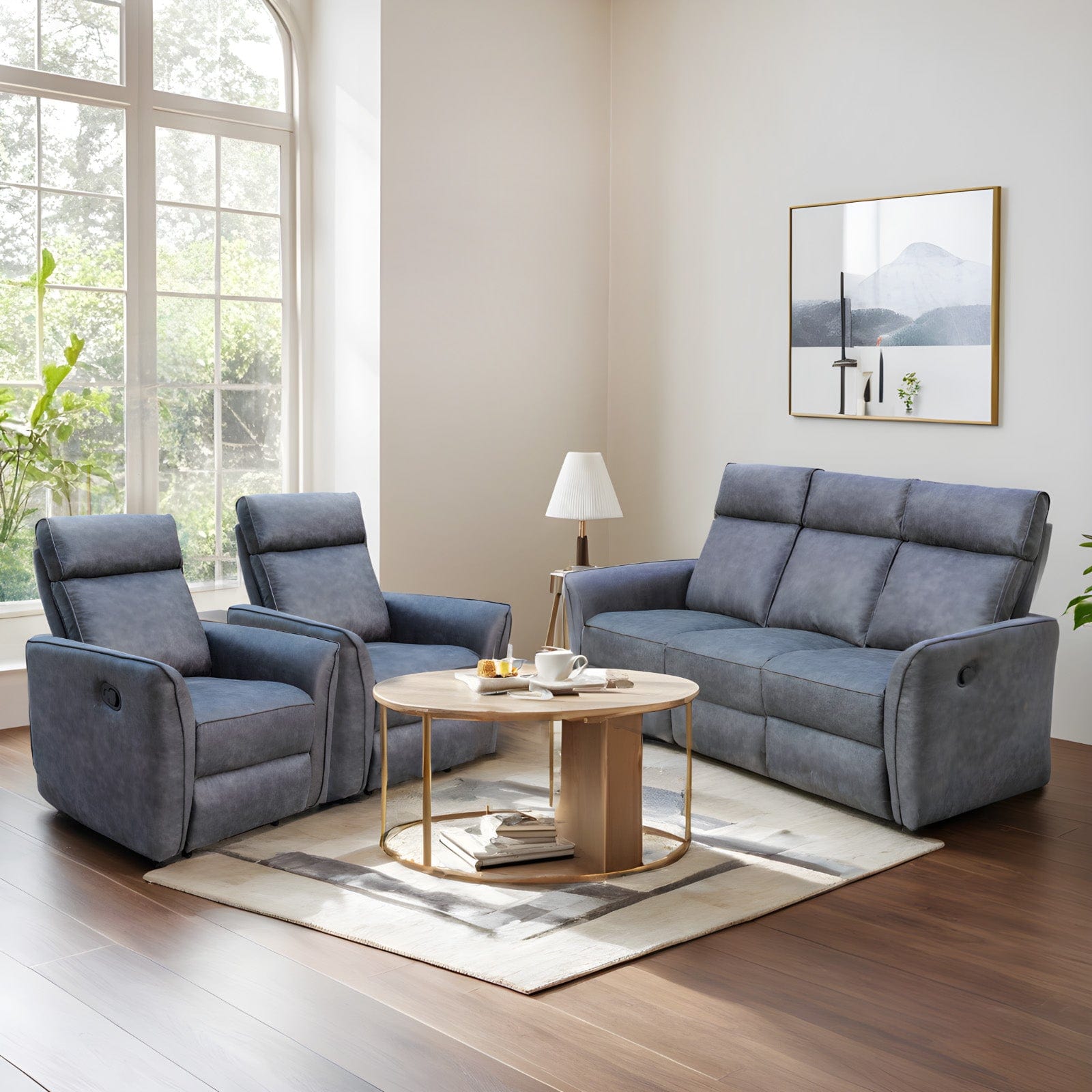 Leathaire Grey Manual Recliner Sofa / Armchair Set