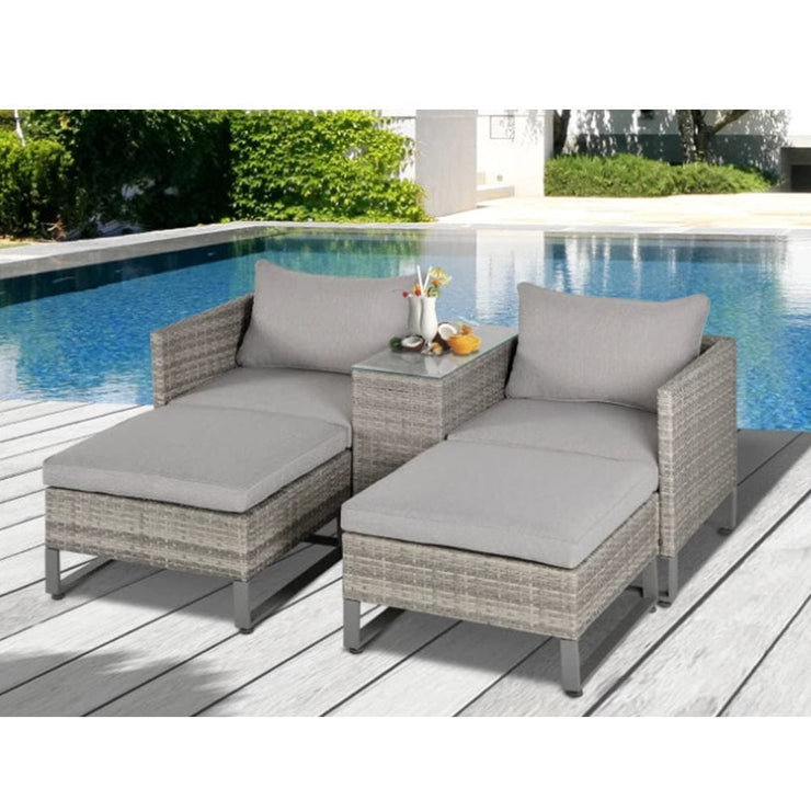 Outsunny 5pcs Patio Rattan Sofa Set Chaise Lounge Double Sofa Bed w/ Coffee Table