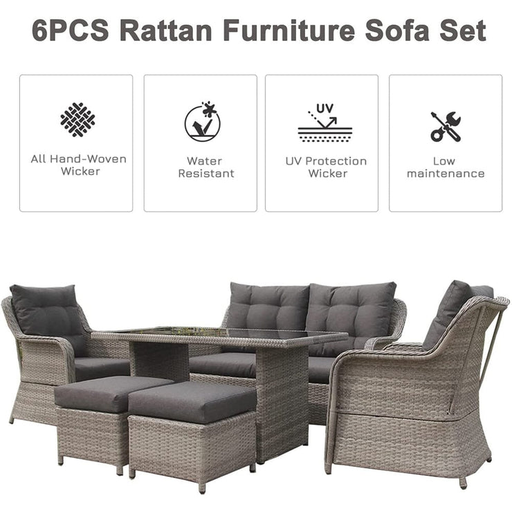 Luxury 6 Seater Aluminum Frame Rattan Garden Furniture Dining Set In Grey