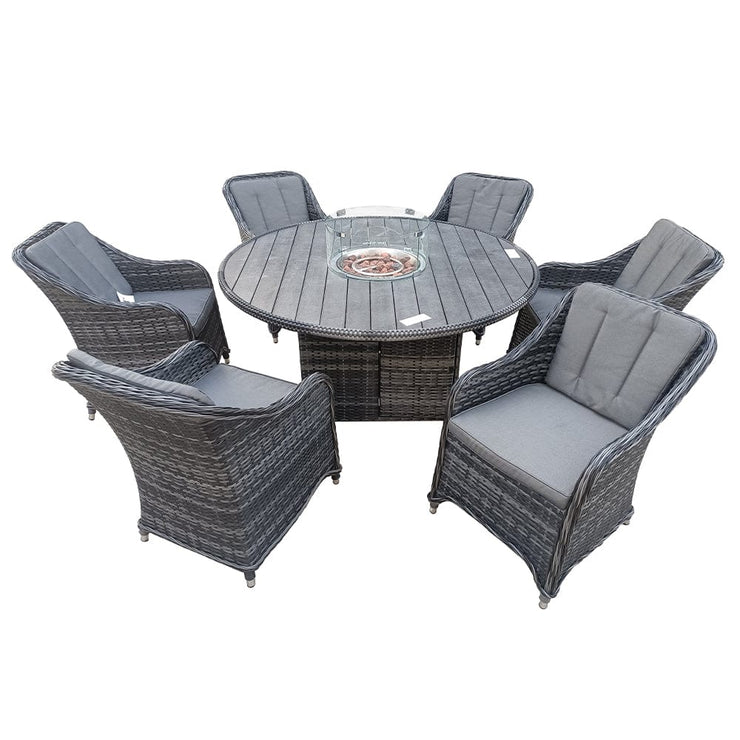 Aura 6 Seater Rattan Garden Furniture With Round Table Fire Pit Set In Grey