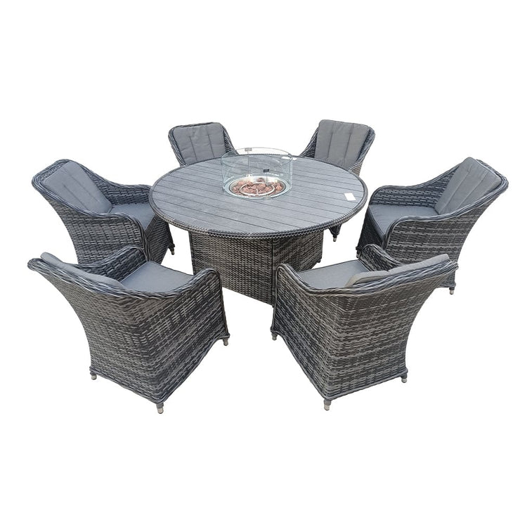 Aura 6 Seater Rattan Garden Furniture With Round Table Fire Pit Set In Grey