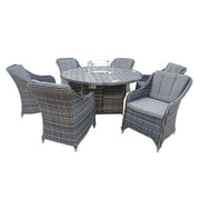 Aura 6 Seater Rattan Garden Furniture With Round Table Fire Pit Set In Grey