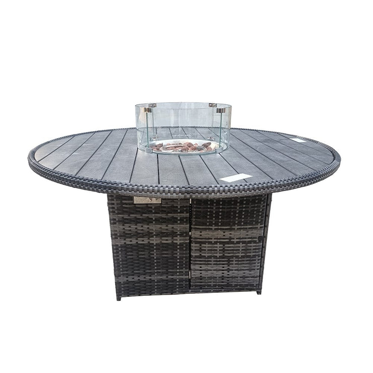 Aura 6 Seater Rattan Garden Furniture With Round Table Fire Pit Set In Grey