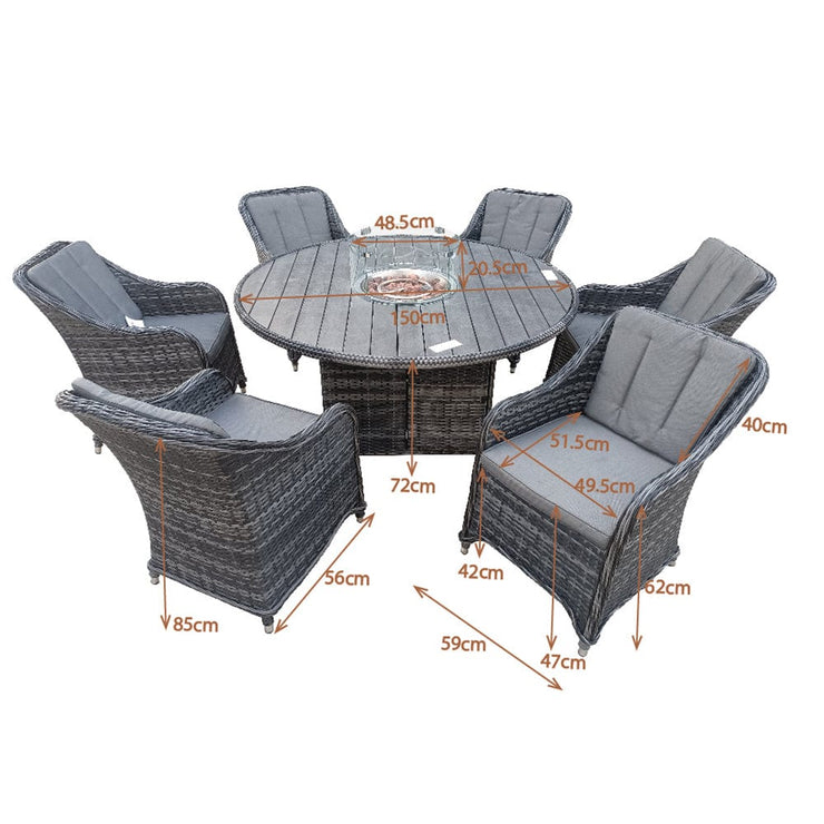 Aura 6 Seater Rattan Garden Furniture With Round Table Fire Pit Set In Grey