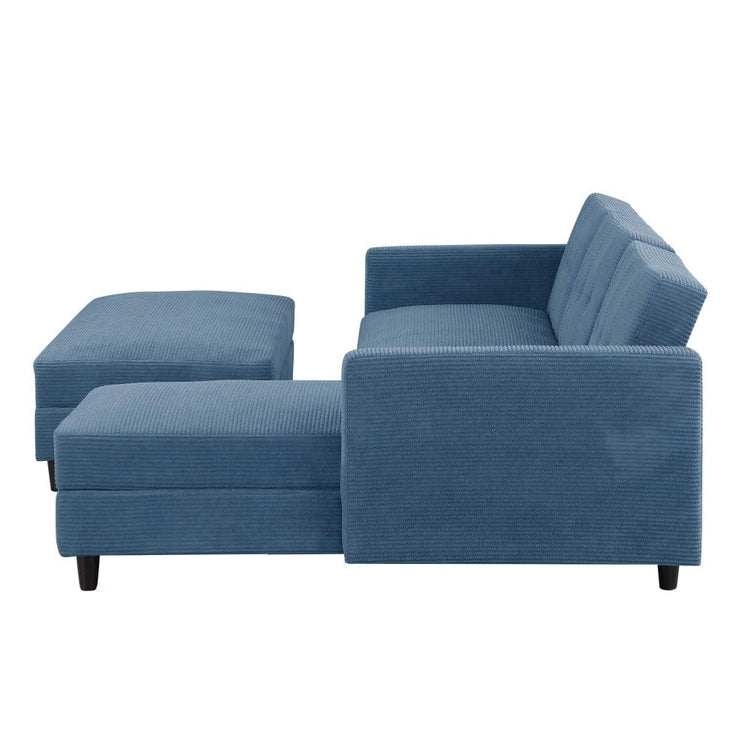 Avery Reversible Blue Corduroy Corner Sofa With Storage Chaise and Ottoman Bench