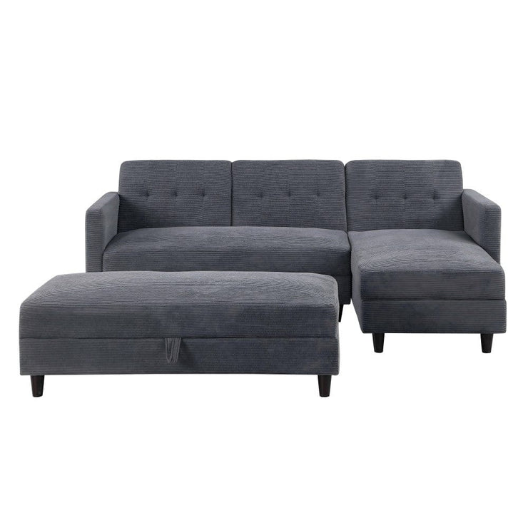 Avery Reversible Grey Corduroy Corner Sofa With Storage Chaise and Ottoman Bench