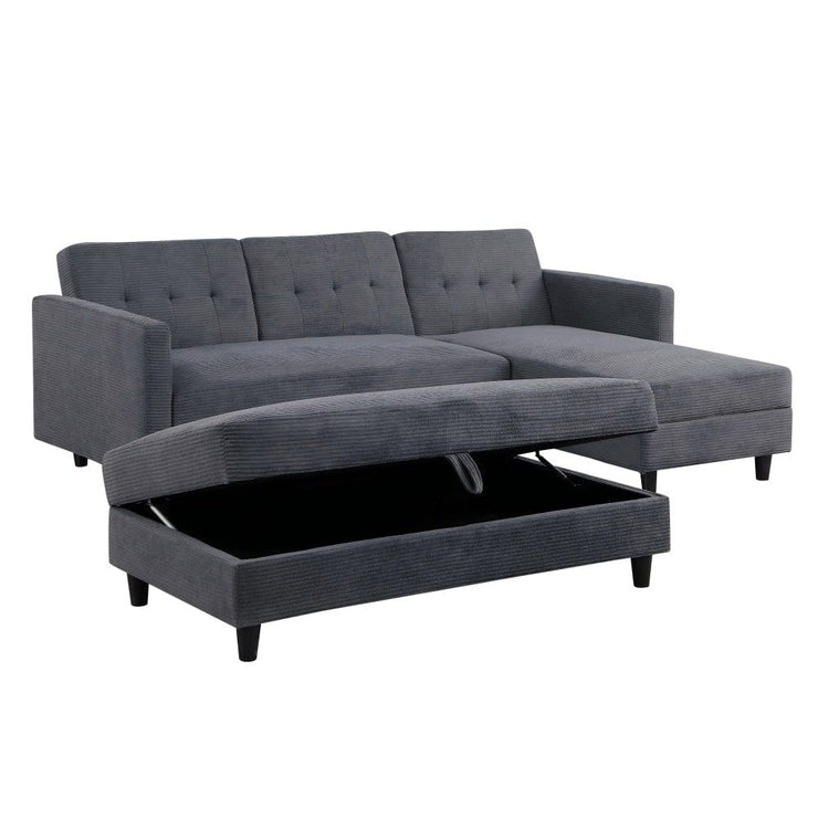 Avery Reversible Grey Corduroy Corner Sofa With Storage Chaise and Ottoman Bench