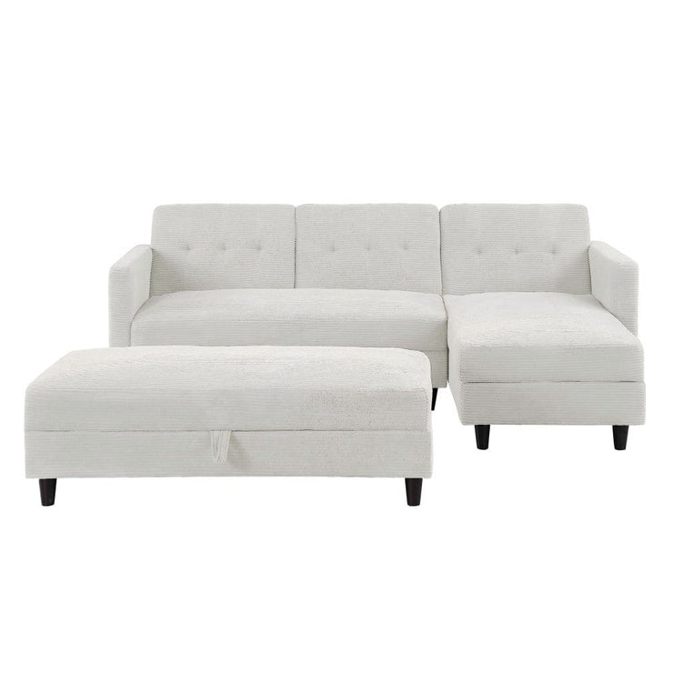 Avery Reversible White Corduroy Corner Sofa With Storage Chaise and Ottoman Bench