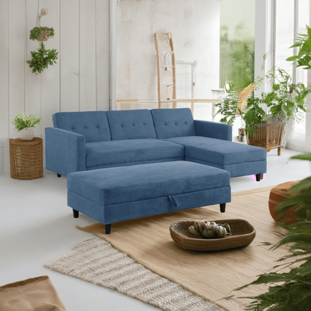 Avery Reversible Blue Corduroy Corner Sofa With Storage Chaise and Ottoman Bench