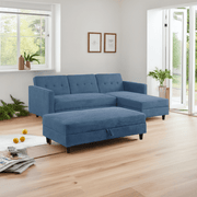 Avery Reversible Blue Corduroy Corner Sofa With Storage Chaise and Ottoman Bench