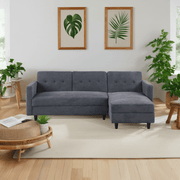 Avery Reversible Grey Corduroy Corner Sofa With Storage Chaise and Ottoman Bench