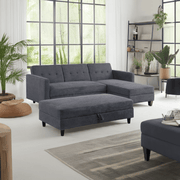 Avery Reversible Grey Corduroy Corner Sofa With Storage Chaise and Ottoman Bench