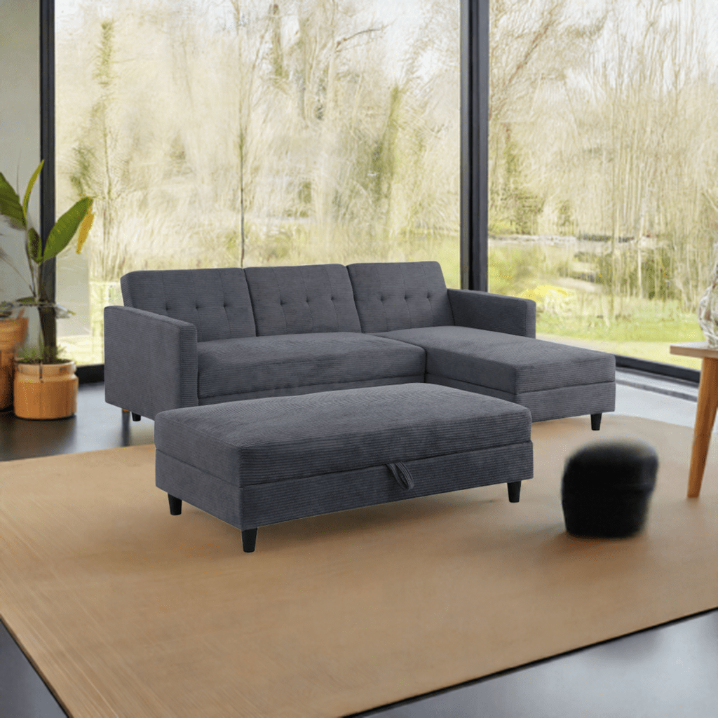 Avery Reversible Grey Corduroy Corner Sofa With Storage Chaise and Ottoman Bench