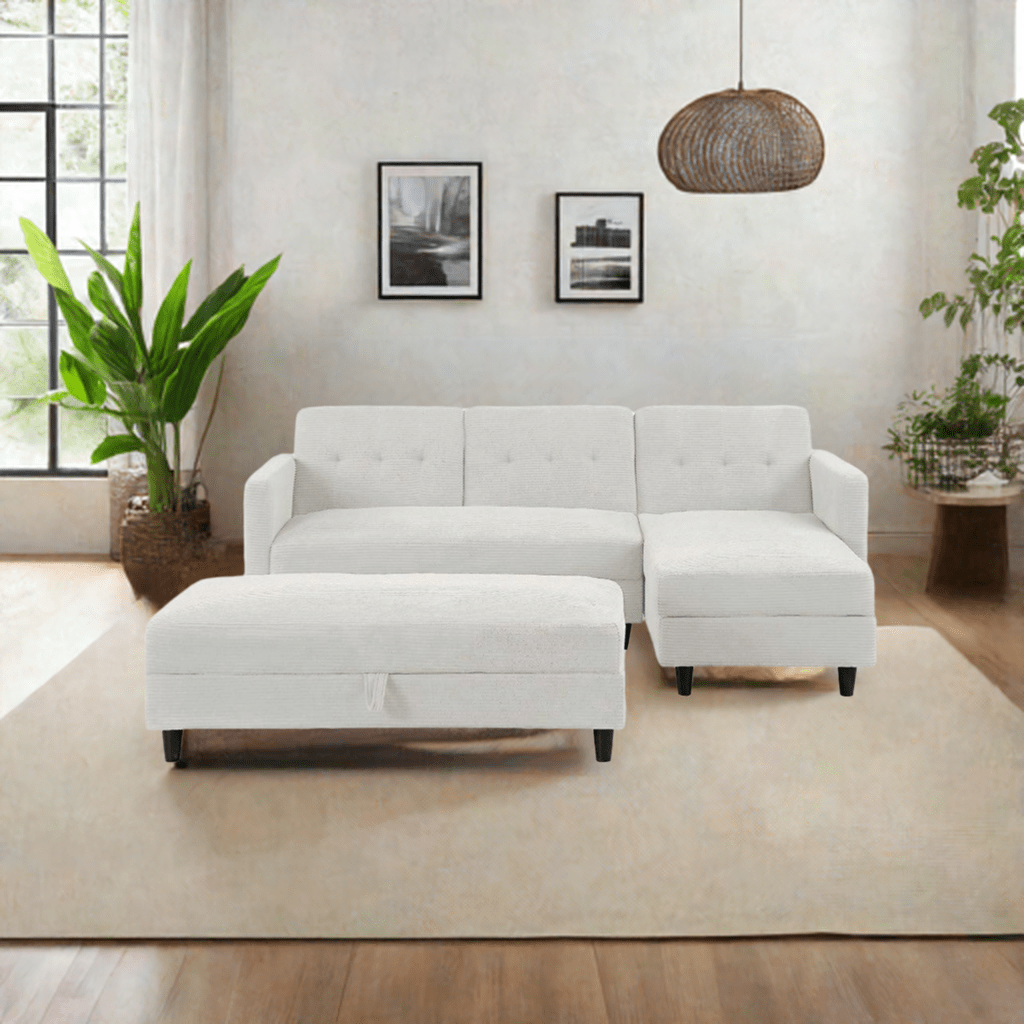 Avery Reversible White Corduroy Corner Sofa With Storage Chaise and Ottoman Bench