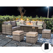 Barcelona Rattan Garden Furniture 9 Seater Corner Sofa Set With Fire Pit Dining Table In Grey