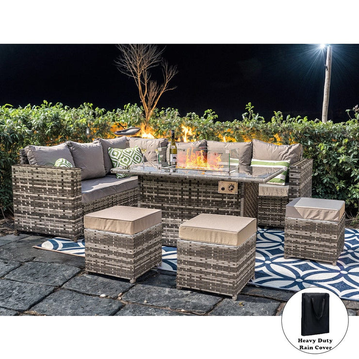 Barcelona Rattan Garden Furniture 9 Seater Corner Sofa Set With Fire Pit Dining Table In Grey