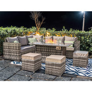 Barcelona Rattan Garden Furniture 9 Seater Corner Sofa Set With Fire Pit Dining Table In Grey