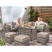 Barcelona Rattan Garden Furniture 9 Seater Corner Sofa Set With Fire Pit Dining Table In Grey