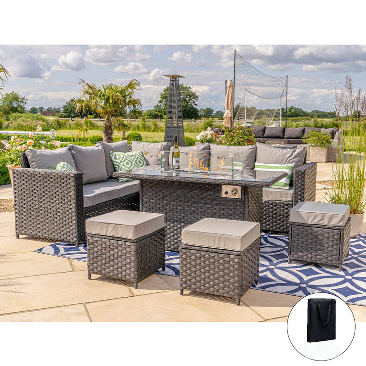 Barcelona Rattan Garden Furniture 9 Seater Corner Sofa Set with Fire pit Dining Table in Black Or Grey