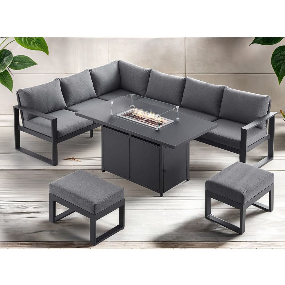 Berlin 8-Seater Outdoor Aluminum Corner Dining Set With Fire Pit Table