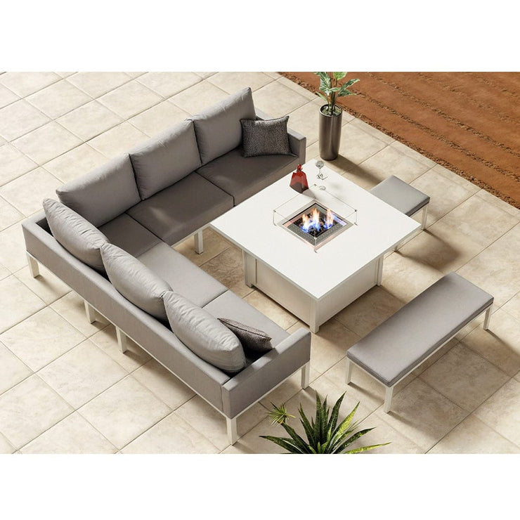 Berlin Aluminum 8 -9 Seater Garden Corner Sofa Cubed Dining Set With Fire Pit Table