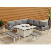 Berlin Aluminum 8 -9 Seater Garden Corner Sofa Cubed Dining Set With Fire Pit Table