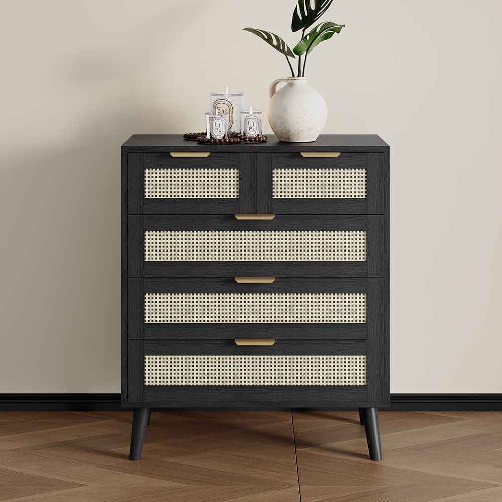 Boho 3+2 Drawers Chest Rattan Decorated Storage Cabinet