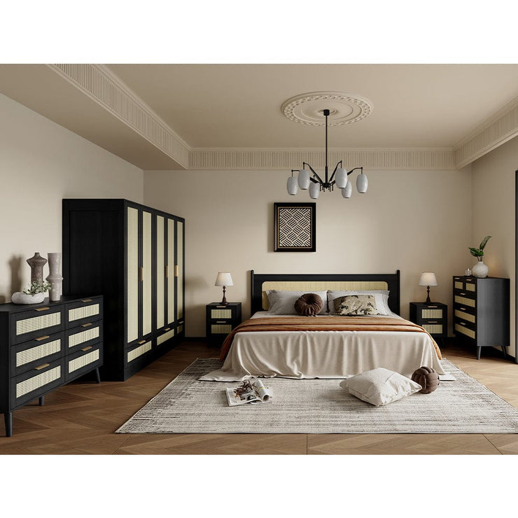 Boho 4 Piece Rattan Bedroom Set With Wardrobe And Cabinet