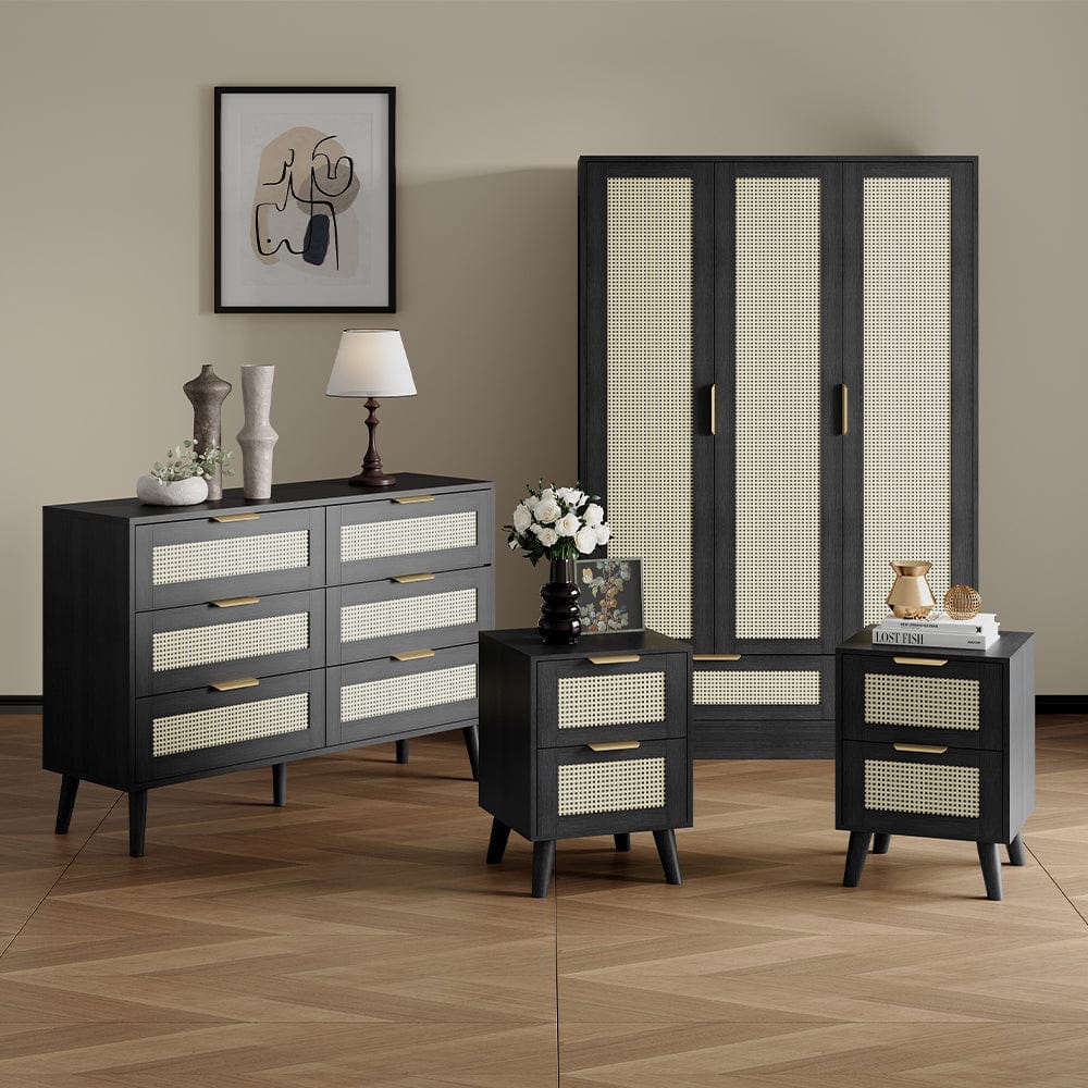 Boho 4 Piece Rattan Bedroom Wardrobe Set With Chest Drawer And Bedside Table