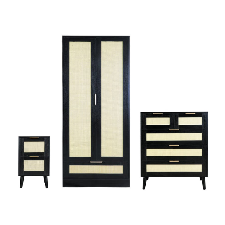 Boho 3 Pieces Bedroom Rattan Wardrobe Set With Chest And Bedside