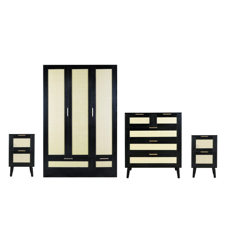 Boho 4 Piece Rattan Bedroom Set With Wardrobe And Cabinet