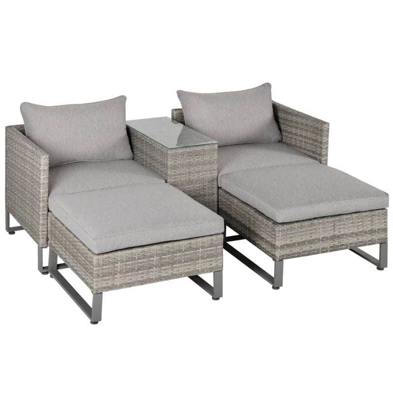 Outsunny 5pcs Patio Rattan Sofa Set Chaise Lounge Double Sofa Bed w/ Coffee Table