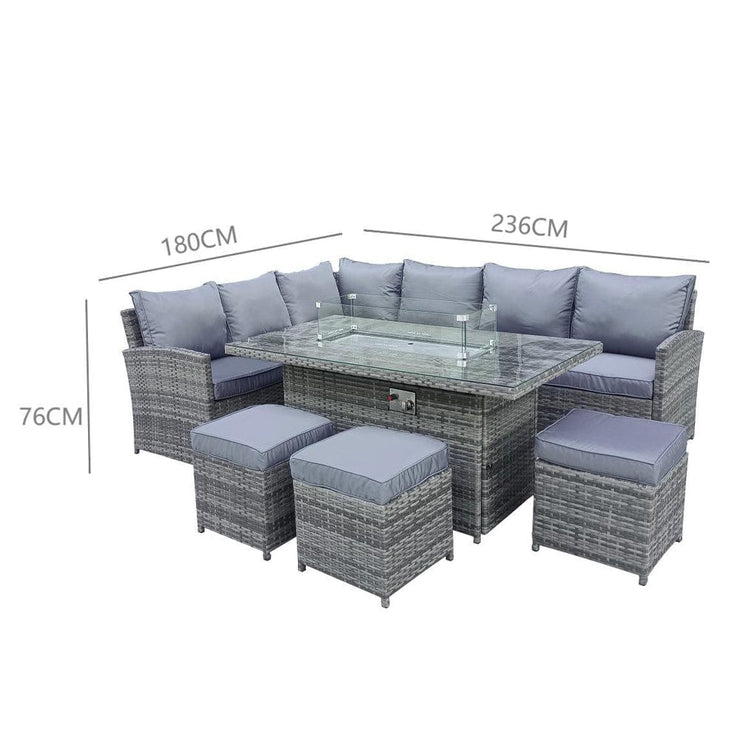 Rosen 9 Seater Fire Pit Rattan Garden Furniture Corner Dining Sofa Set In Grey