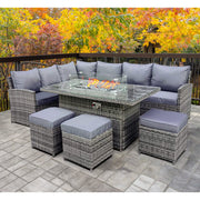 Rosen 9 Seater Fire Pit Rattan Garden Furniture Corner Dining Sofa Set In Grey