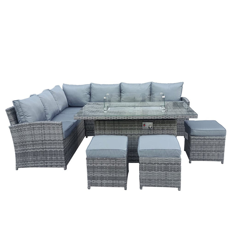 Rosen 9 Seater Fire Pit Rattan Garden Furniture Corner Dining Sofa Set In Grey