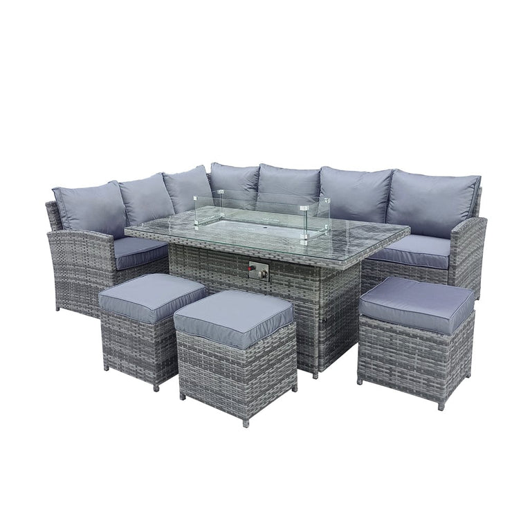 Rosen 9 Seater Fire Pit Rattan Garden Furniture Corner Dining Sofa Set In Grey