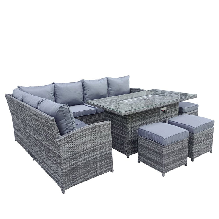 Rosen 9 Seater Fire Pit Rattan Garden Furniture Corner Dining Sofa Set In Grey