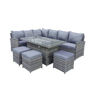 Rosen 9 Seater Fire Pit Rattan Garden Furniture Corner Dining Sofa Set In Grey