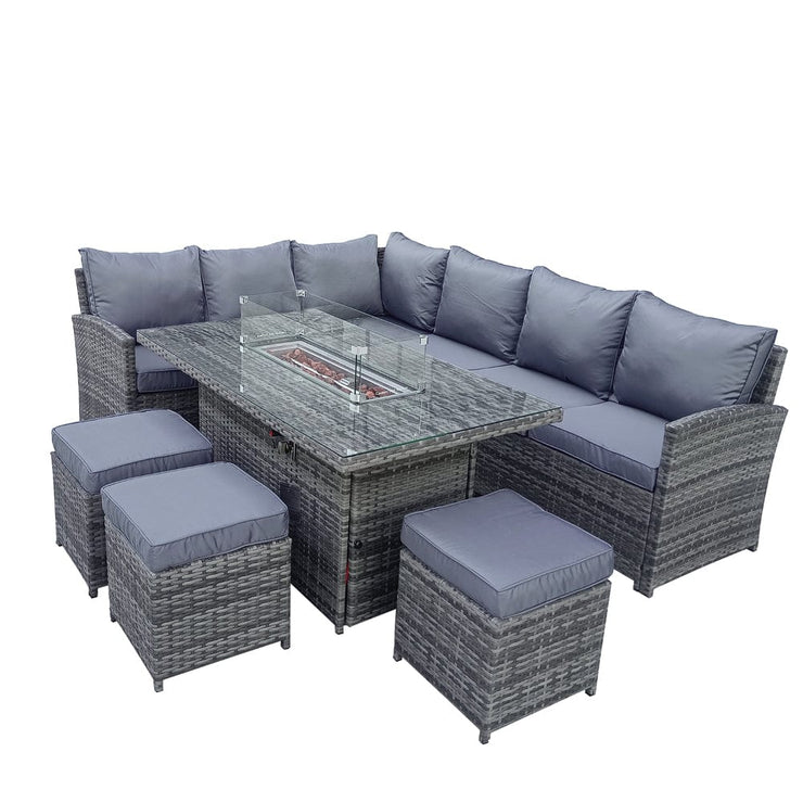 Rosen 9 Seater Fire Pit Rattan Garden Furniture Corner Dining Sofa Set In Grey