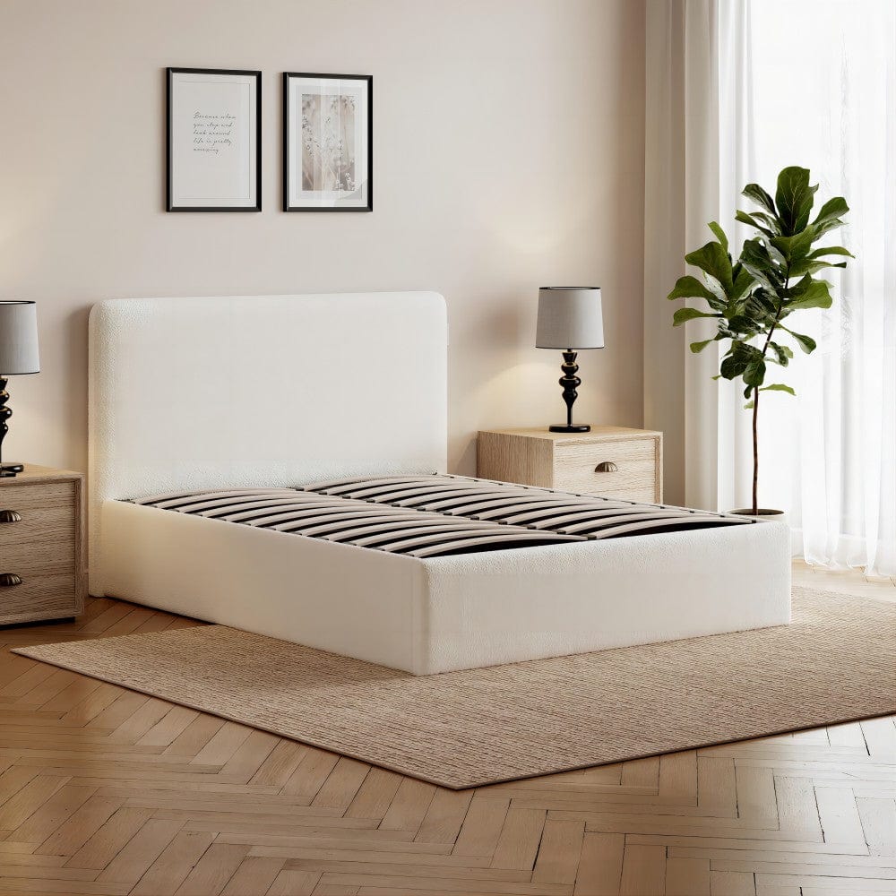 Elvie Ottoman Storage White Boucle Teddy Fleece Pneumatic Lift Up Bed Frame Double or King Bed