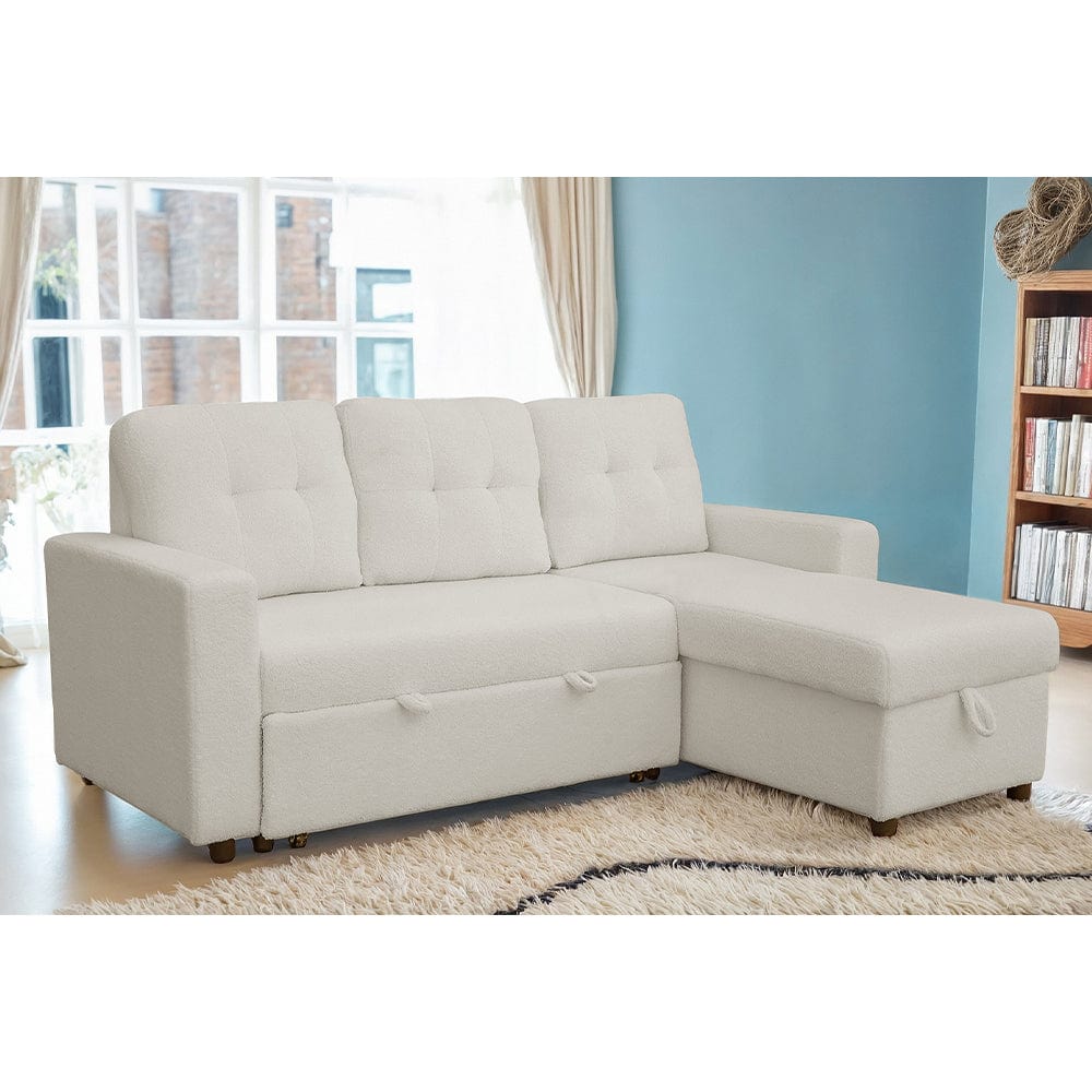 Avery Boucle Reversible Corner Sofa Bed With Storage Chaise In White