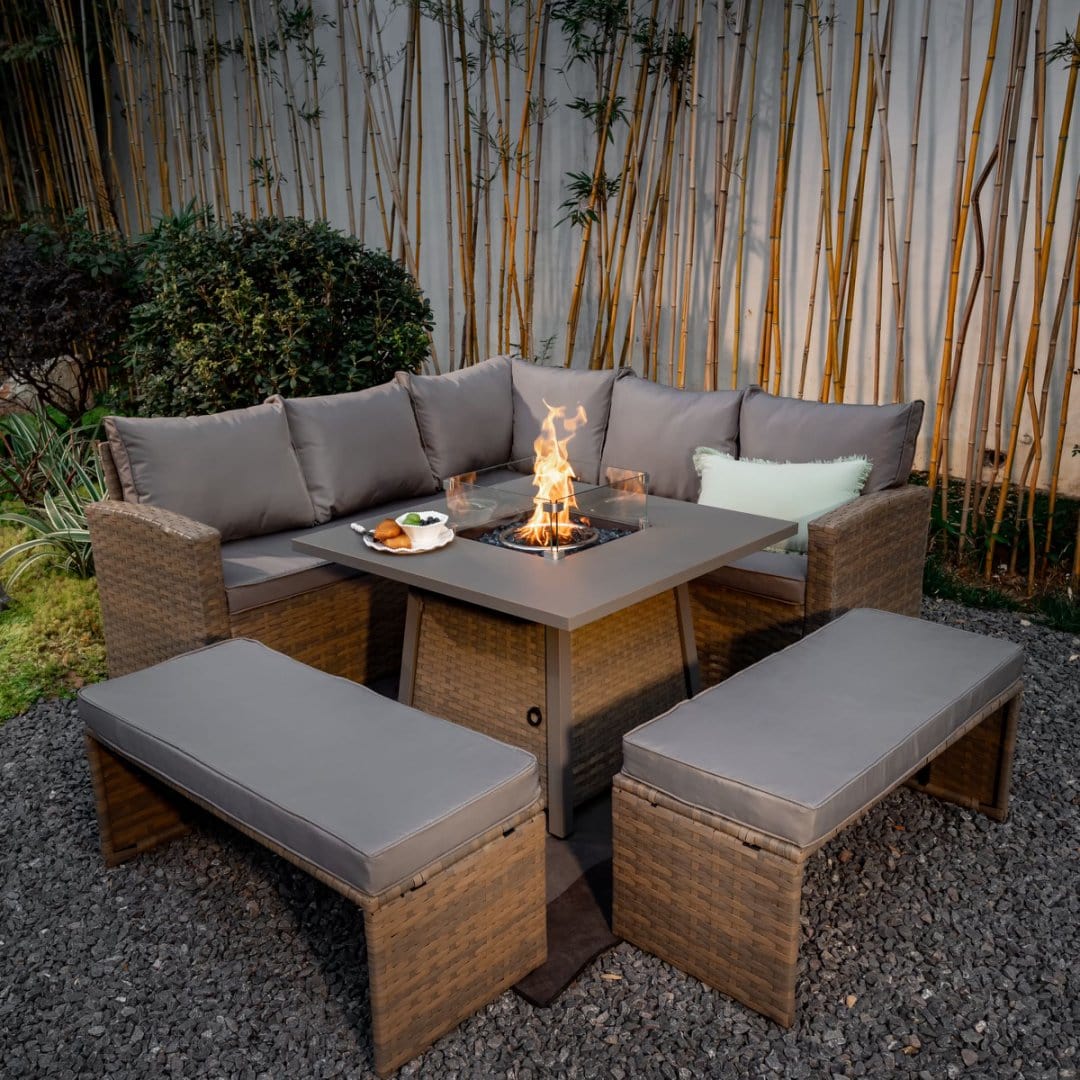 Rosen Rattan Garden Furniture 9 Seater Corner Sofa Set with Fire pit Dining Table in Mixed Nature And Grey