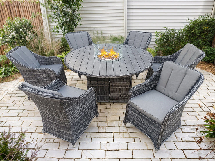 Aura 6 Seater Rattan Garden Furniture With Round Table Fire Pit Set In Grey