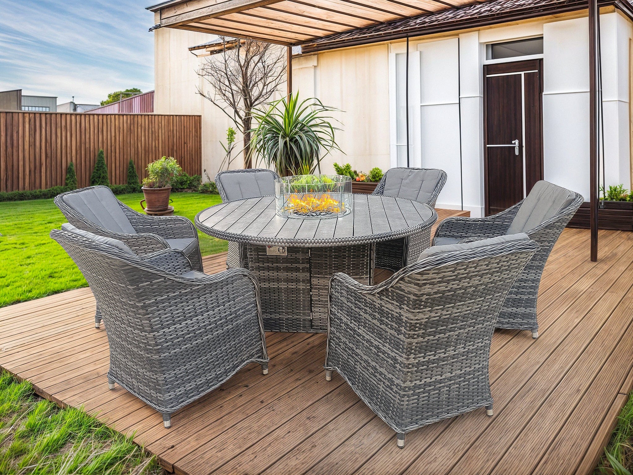 Aura 6 Seater Rattan Garden Furniture With Round Table Fire Pit Set In Grey