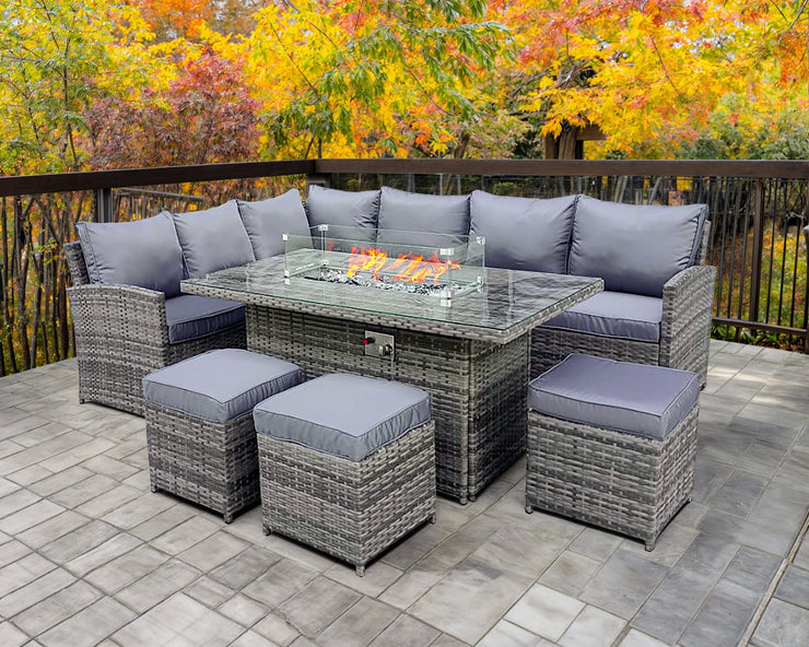 Rosen 9 Seater Fire Pit Rattan Garden Furniture Corner Dining Sofa Set In Grey