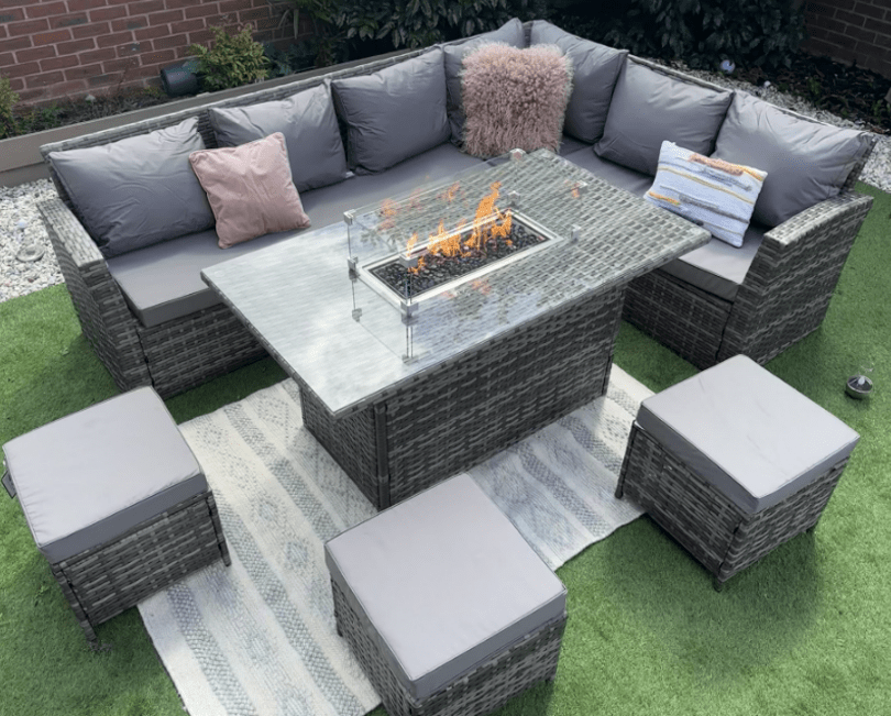 Rosen 9 Seater Fire Pit Rattan Garden Furniture Corner Dining Sofa Set In Grey