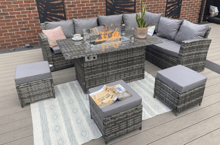 Rosen 9 Seater Fire Pit Rattan Garden Furniture Corner Dining Sofa Set In Grey