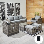 Lotus 7 Seater Rattan Garden Recliner Cube Sofa Set In Grey