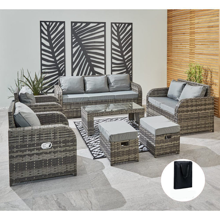 Lotus 9 Seater Rattan Garden Furniture Recliner Cube Sofa Set In Grey