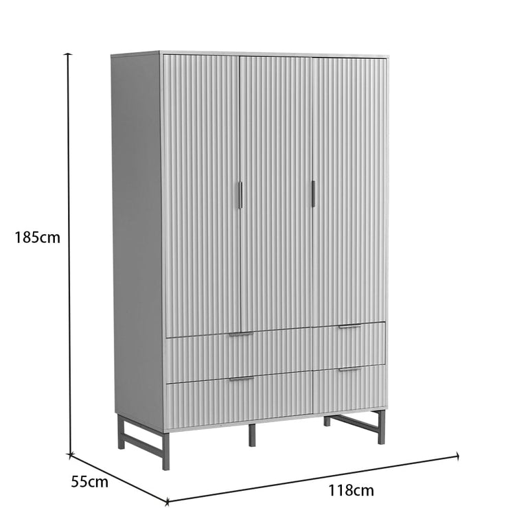 Mercury Ridged 3 Doors 4 Drawers Wardrobe In White